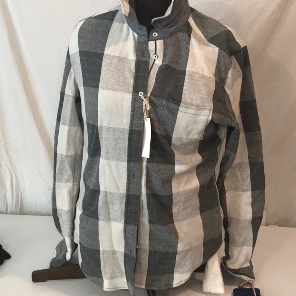 Arnold Zimberg Black Plaid Farmhouse Shirt Black White Grey Checked Denim Collar